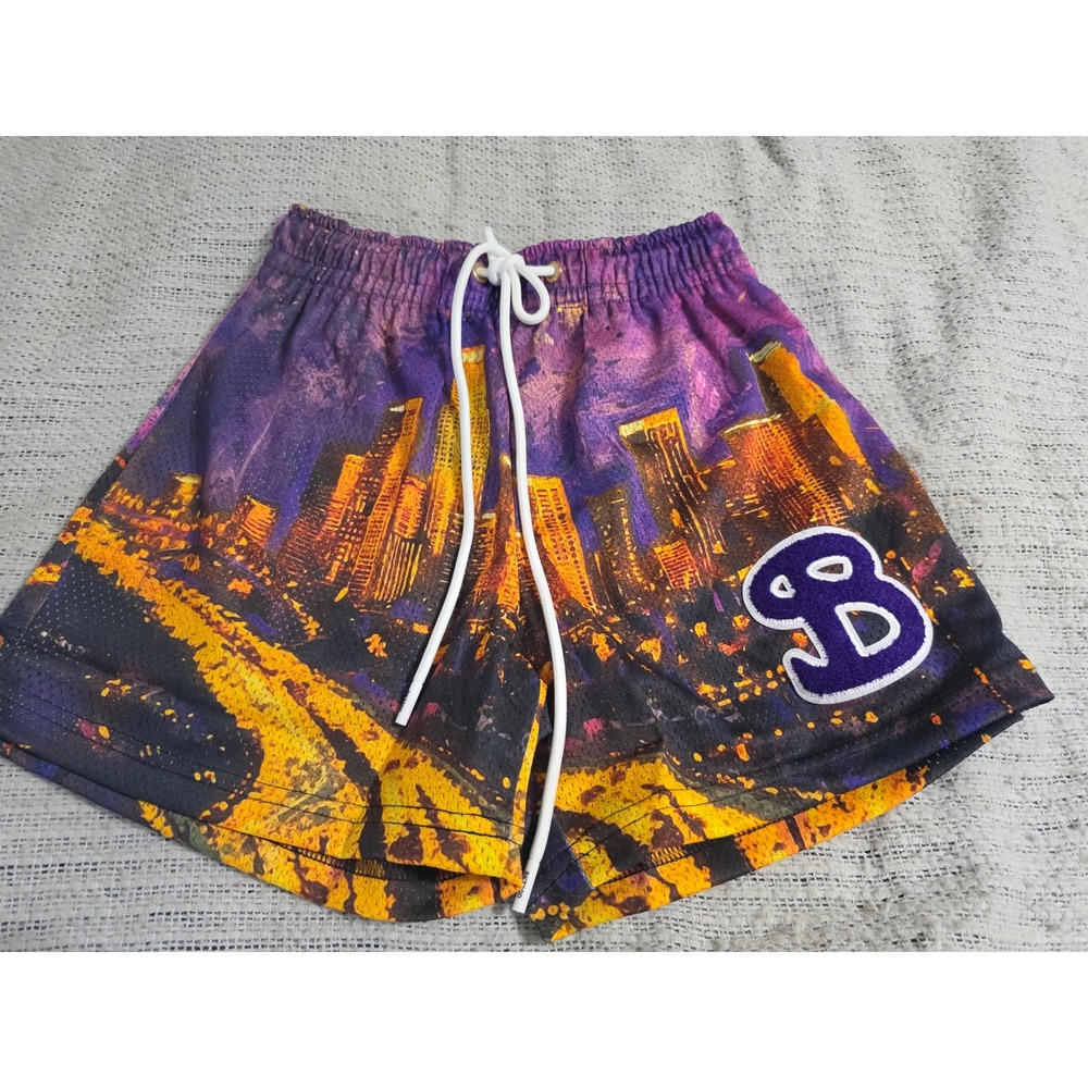 BKTSQD Los Angeles City Skyline Mesh Basketball Shorts Purple Orange AXS